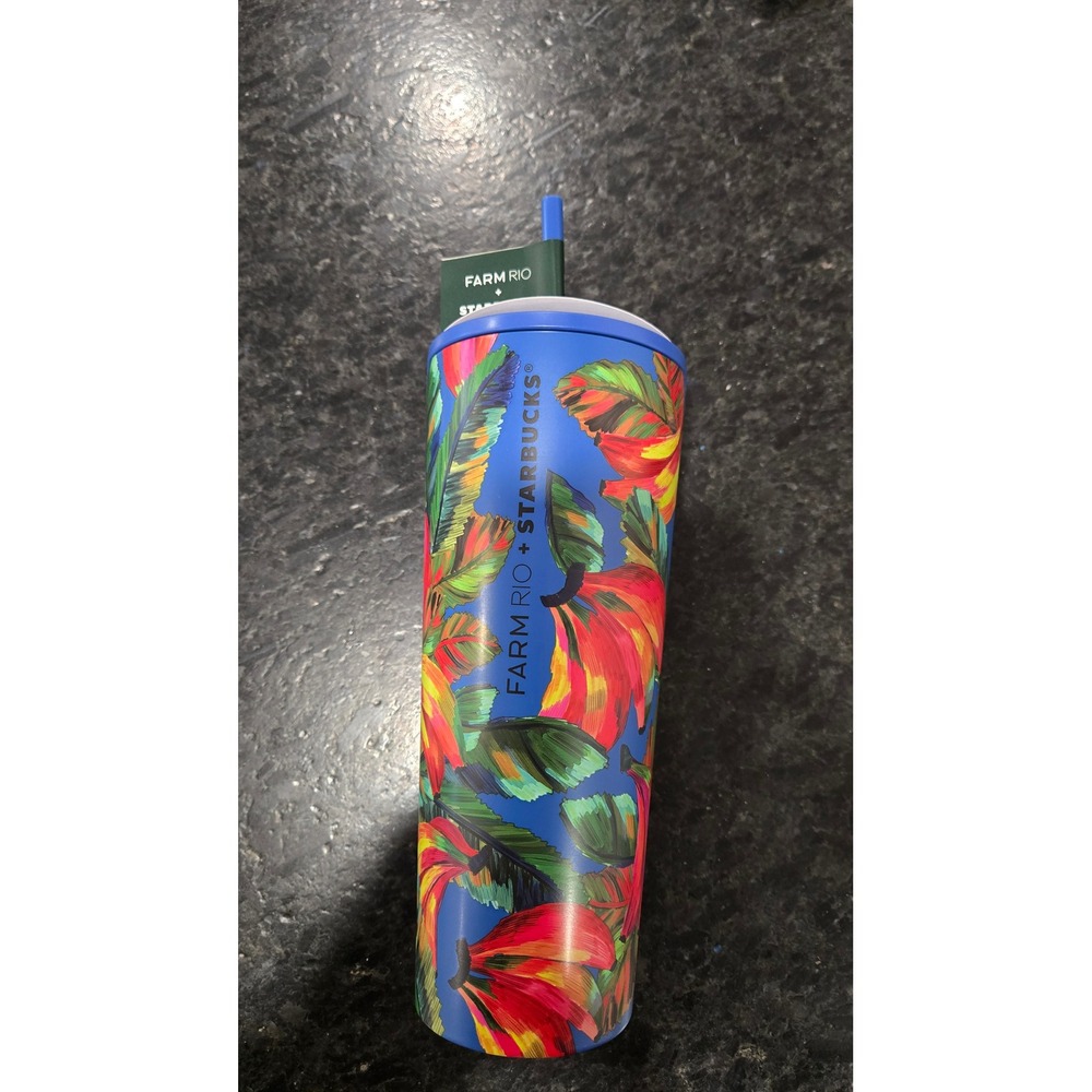 Starbucks Farm Rio Tumbler 24 oz Tropical Floral Blue Reusable Cold Cup Straw‎